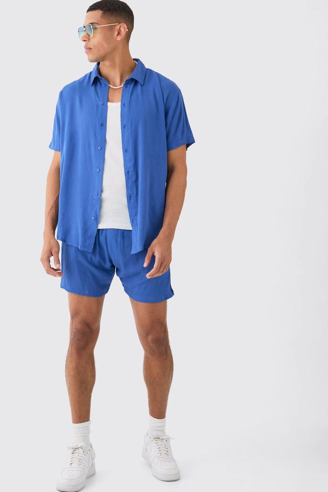 Mens Blue Oversized Short Sleeve Cheese Cloth Shirt And Short Set, Blue Product Image