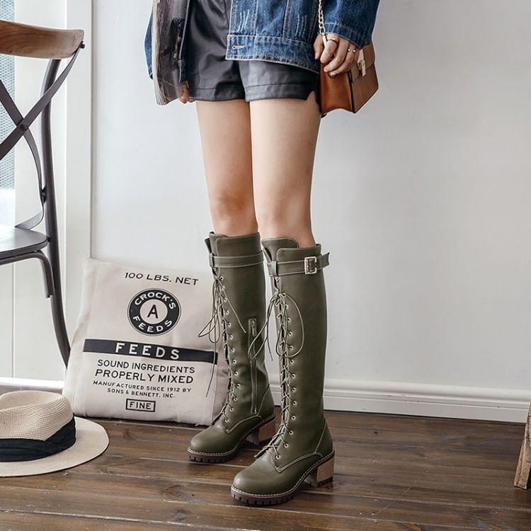 Faux Leather Block Heel Lace-Up Tall Boots product image