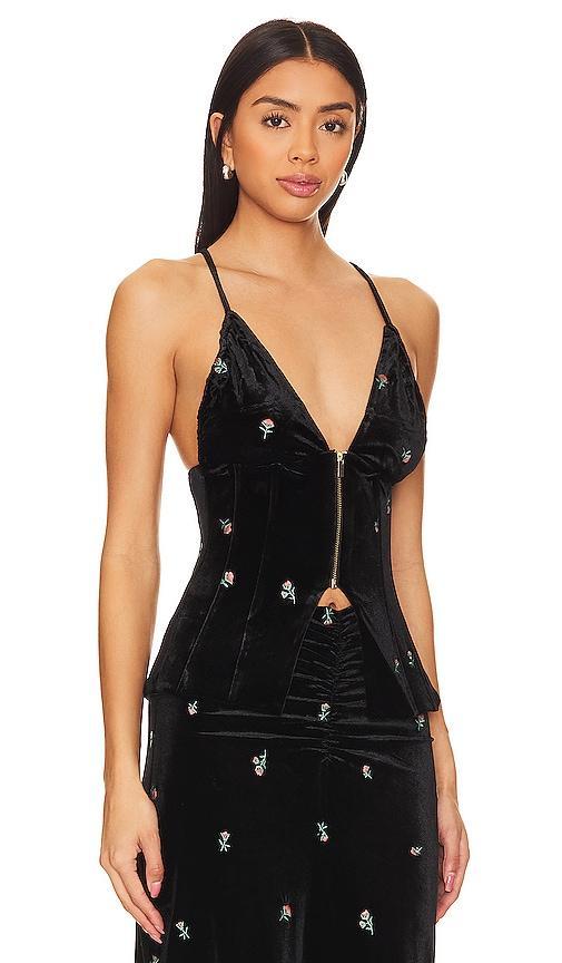 WeWoreWhat Embroidered Velvet Peplum Corset in Black. Product Image