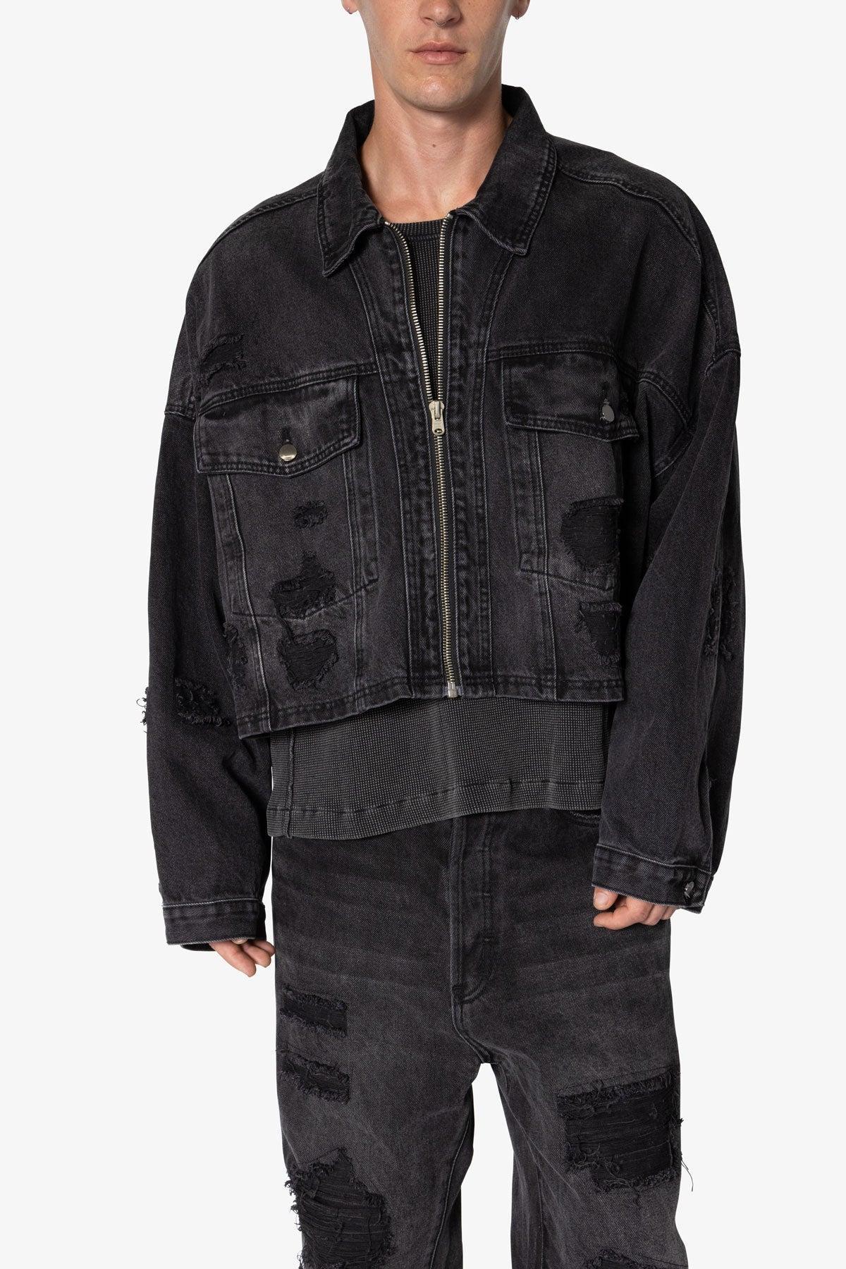 Oversized Cropped Ripped Denim Jacket - Washed Black Product Image