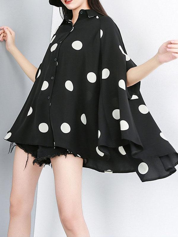 Batwing Sleeves High-Low Polka-Dot Lapel Blouses&Shirts Tops Product Image