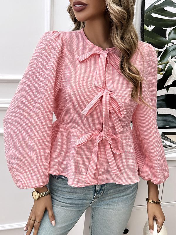 Long Sleeves Loose Elasticity Plaid Pleated Split-Joint Tied Round-Neck Blouses&Shirts Tops Product Image