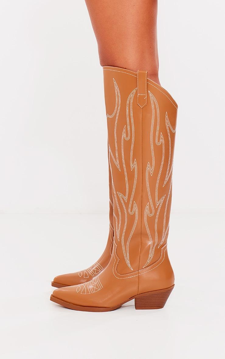 Tan PU Point Toe Western Knee High Boots Product Image