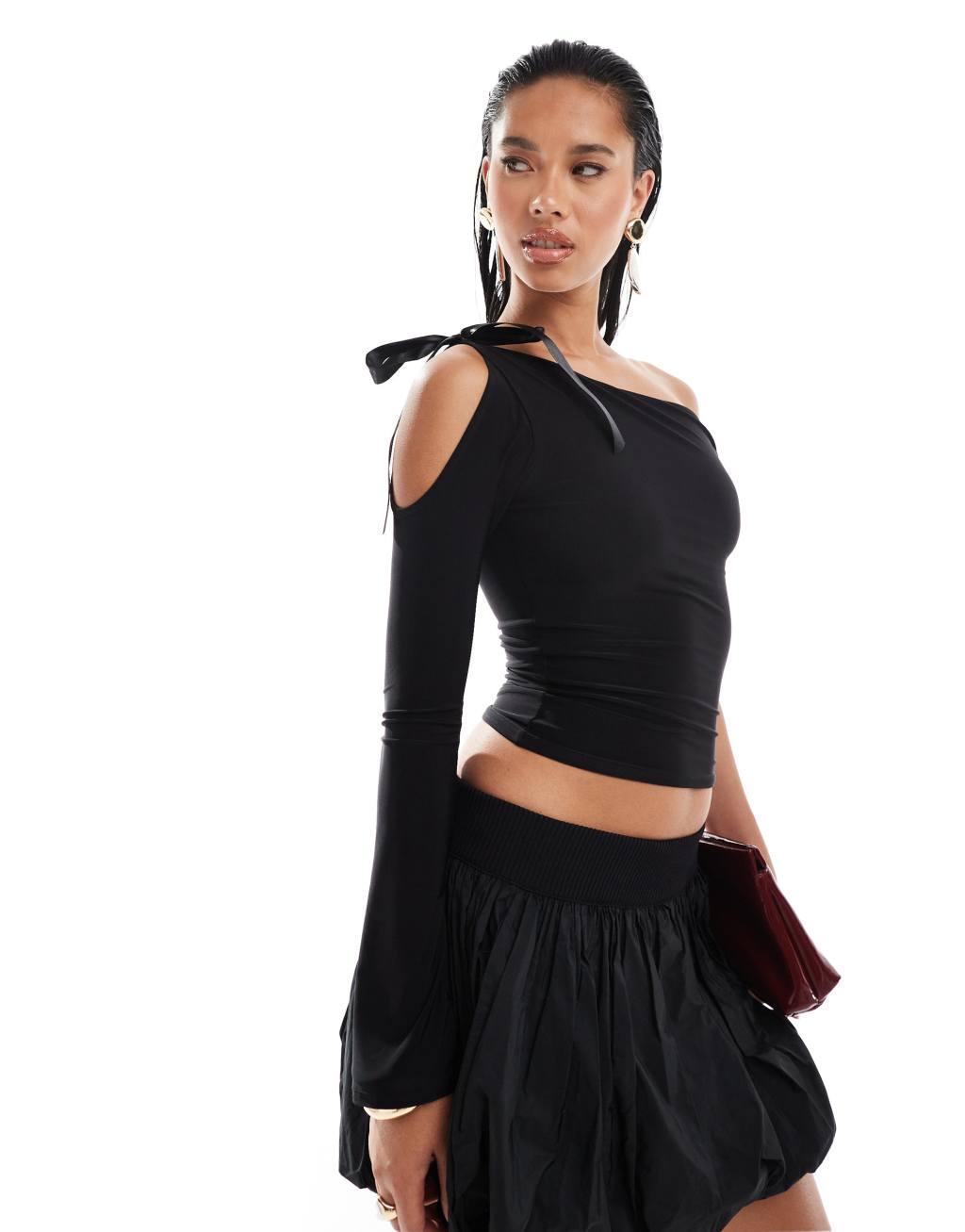 Kaiia one shoulder bow tie one sleeve top in black Product Image