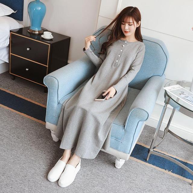 Maternity Long-Sleeve Crew Neck Plain Half-Buttoned Midi A-Line Dress Product Image