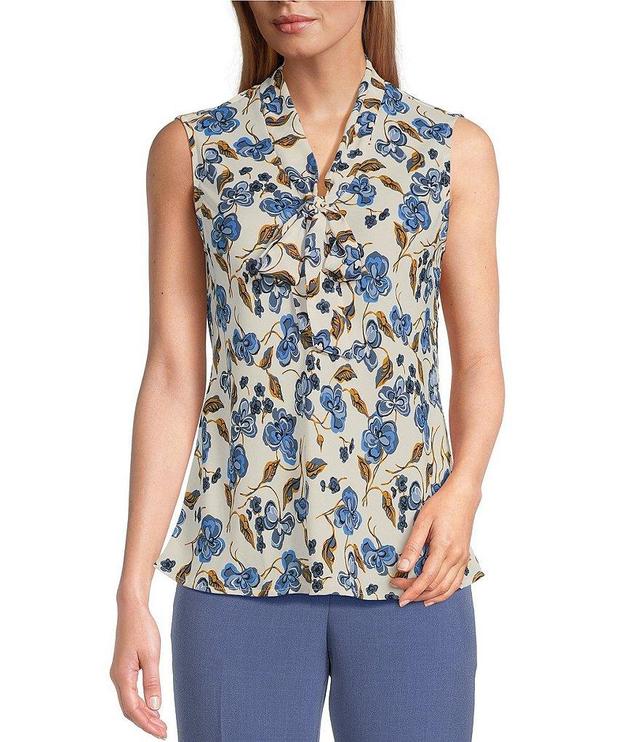 Kasper Floral Crepe Tie Front Neck Sleeveless Fitted Blouse Product Image