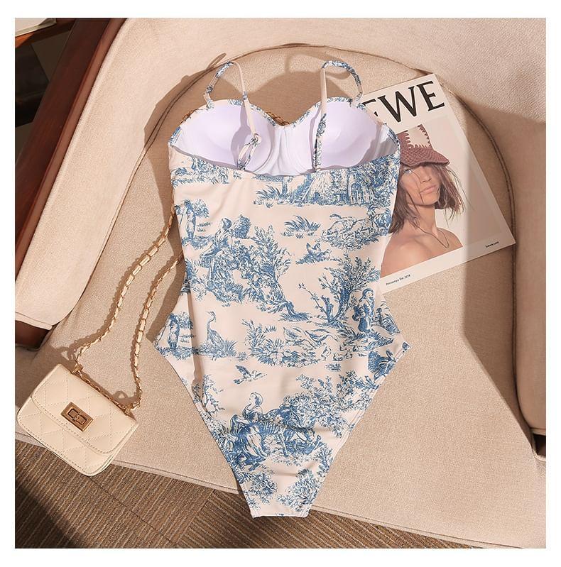 Spaghetti Strap Floral Print Open Back Swimsuit Product Image