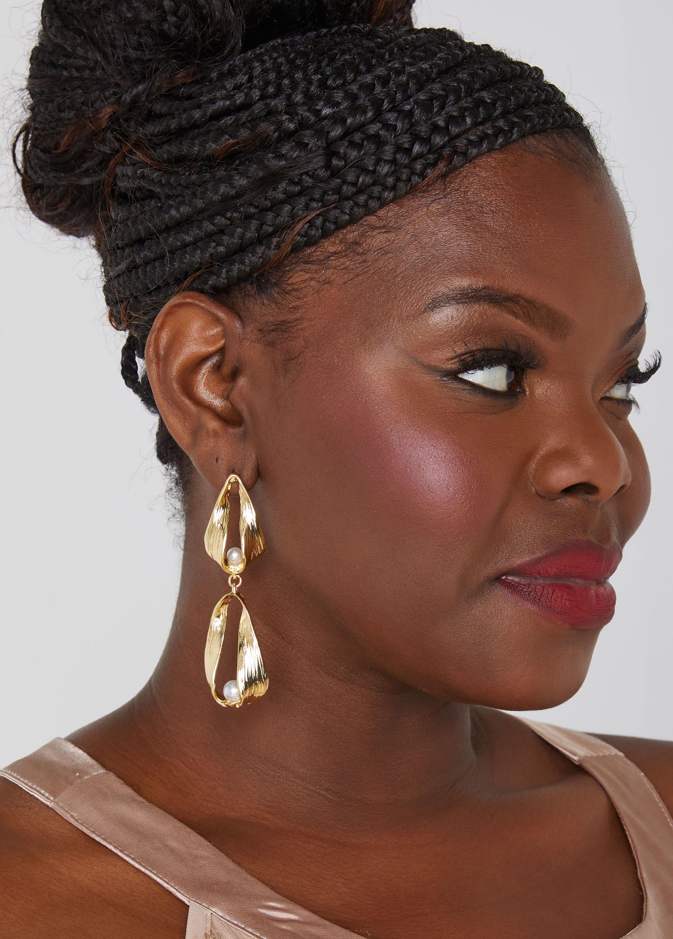 Plus Size Textured Faux Pearl Drop Earrings Ashley Stewart Product Image