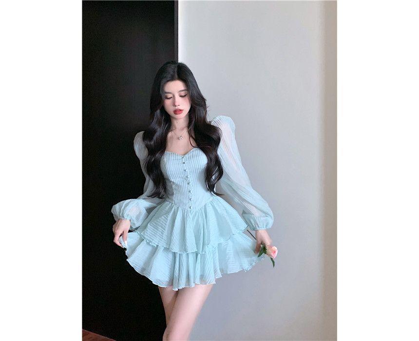 Puff-Sleeve Off Shoulder Plain Mini A-Line Dress Product Image