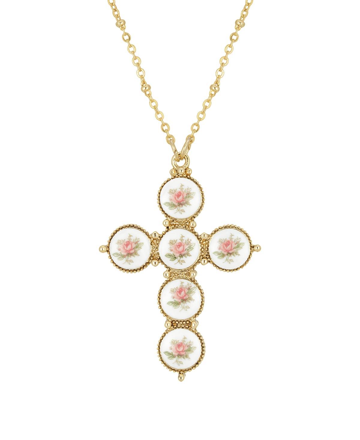 1928 Gold Tone Pink Flower Decal Cross Pendant Necklace, Womens Product Image