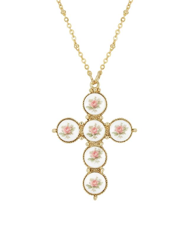 1928 Gold Tone Pink Flower Decal Cross Pendant Necklace, Womens Product Image