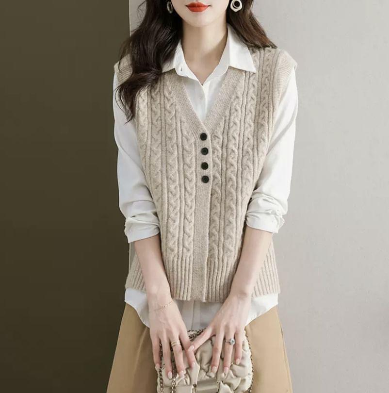 V-Neck Plain Cable Knit Button-Up Sweater Vest Product Image