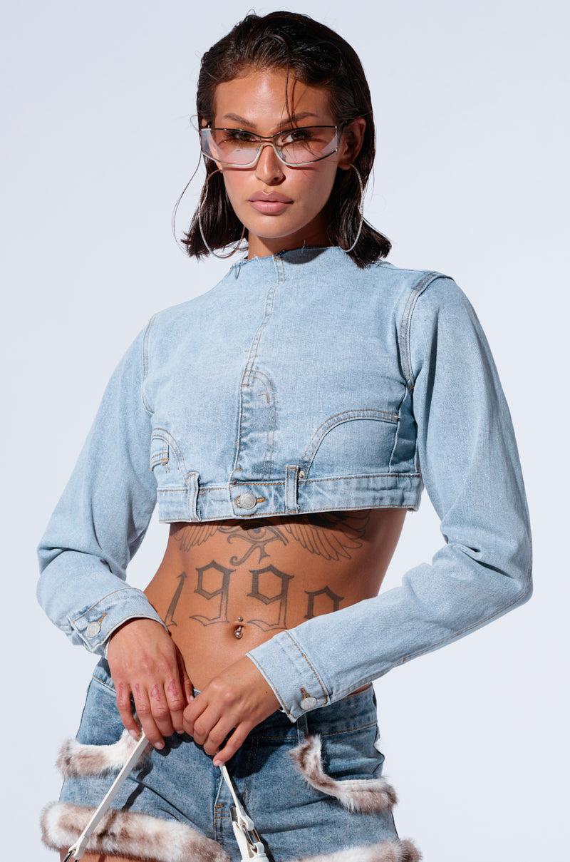 LEILA DRAMATIC DENIM LONG SLEEVE TOP Product Image