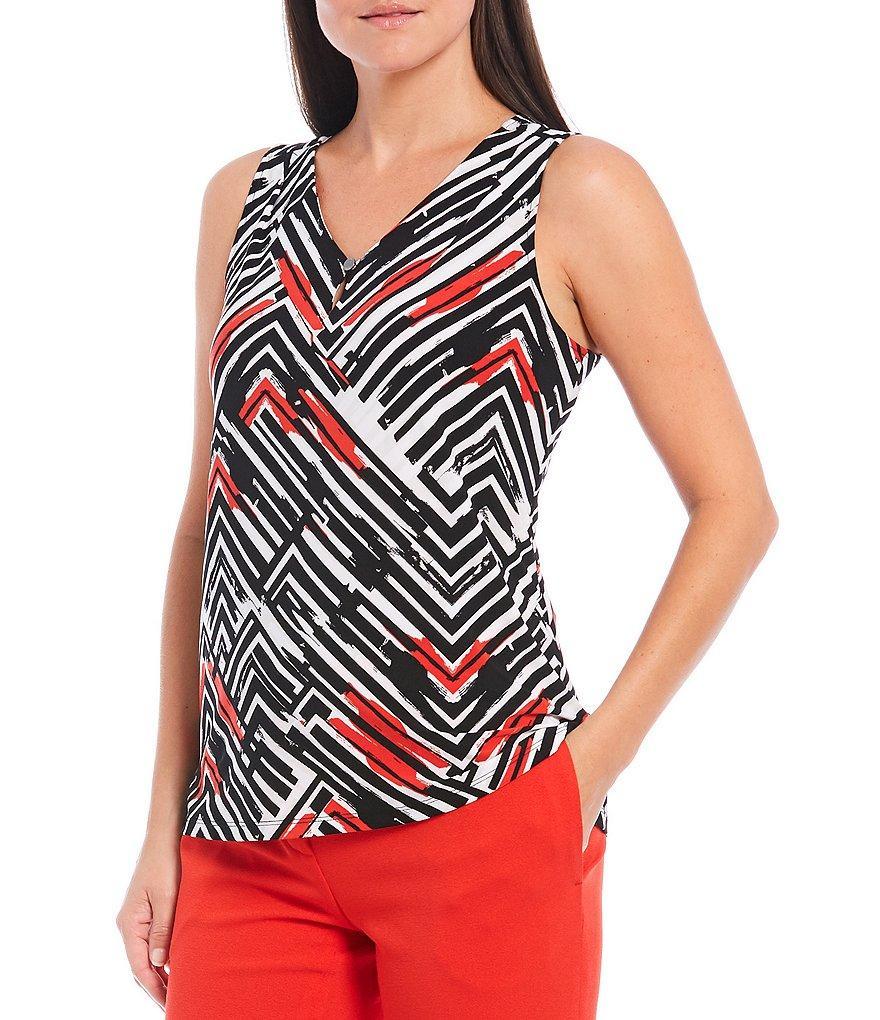 Kasper Petite Size Geo Stripe Print Sleeveless Pleat V-Neck Knit Cami Product Image