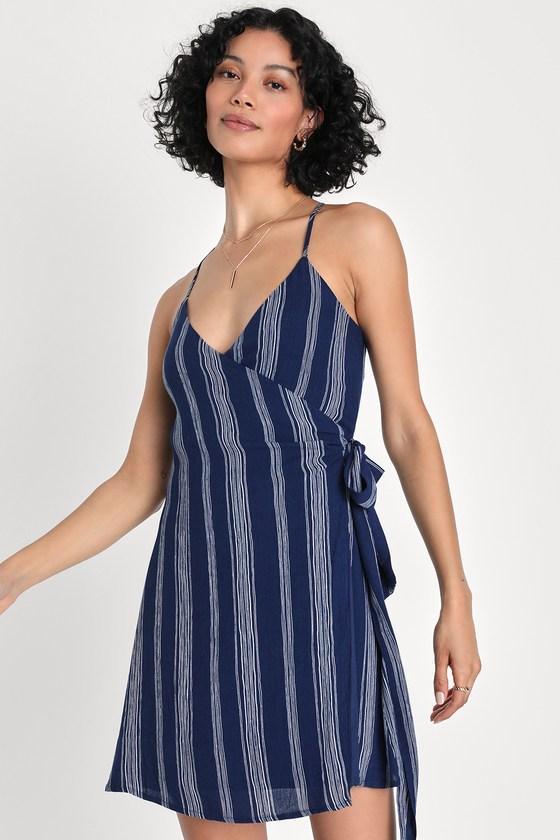 Breezy Aesthetic Navy Blue Striped Wrap Mini Dress Product Image