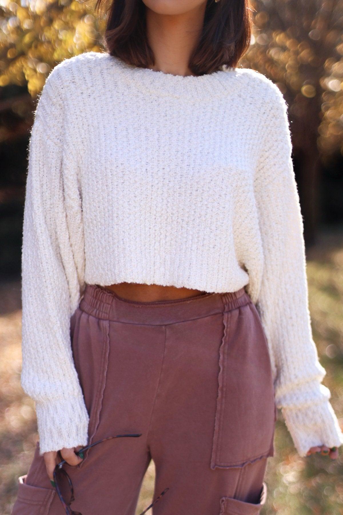 Ivory Popcorn Knit Cropped Sweater - FINAL SALE Product Image