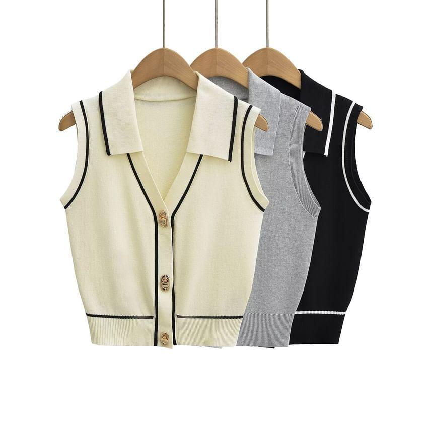 Contrast Trim V-Neck Collared Button-Up Knit Sweater Vest Product Image