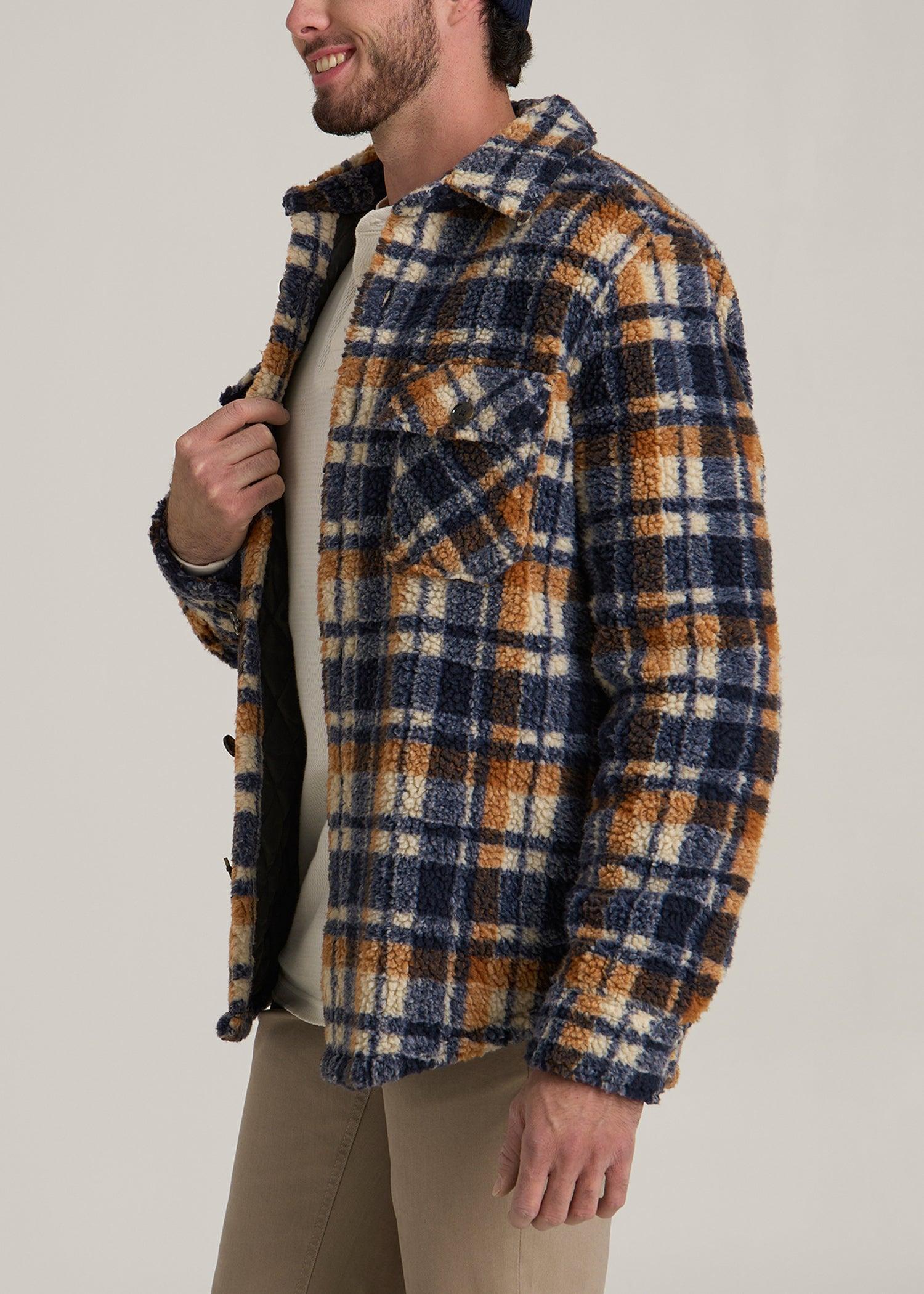 Tall Men's Sherpa Shirt Jacket in Dark Blue and Orange Plaid Male Product Image