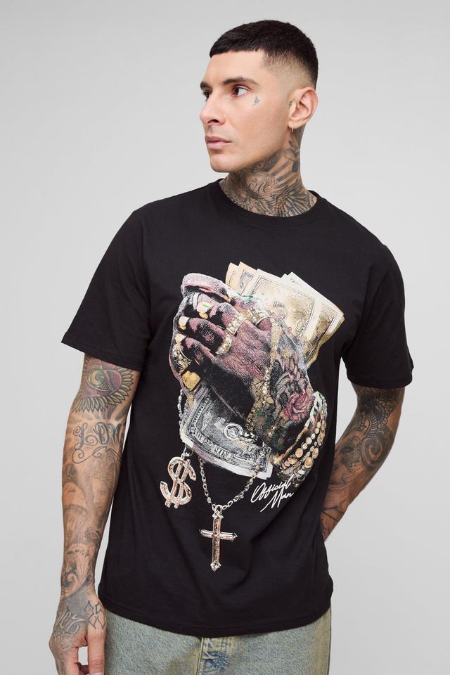 Tall Money Hands Print Oversized T-shirt in Black | boohooMAN USA Product Image