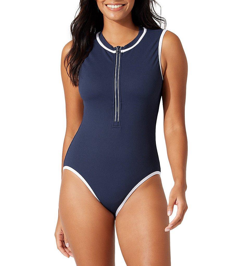 Tommy Bahama Island Cays Cabana Solid High Neck Front Zip One Piece Swimsuit Product Image