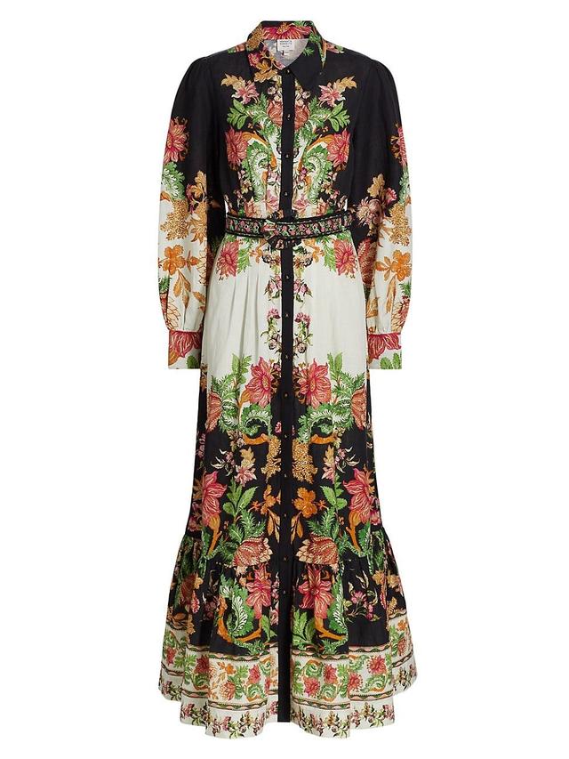 Womens Floral Cotton & Linen Belted Maxi Dress Product Image