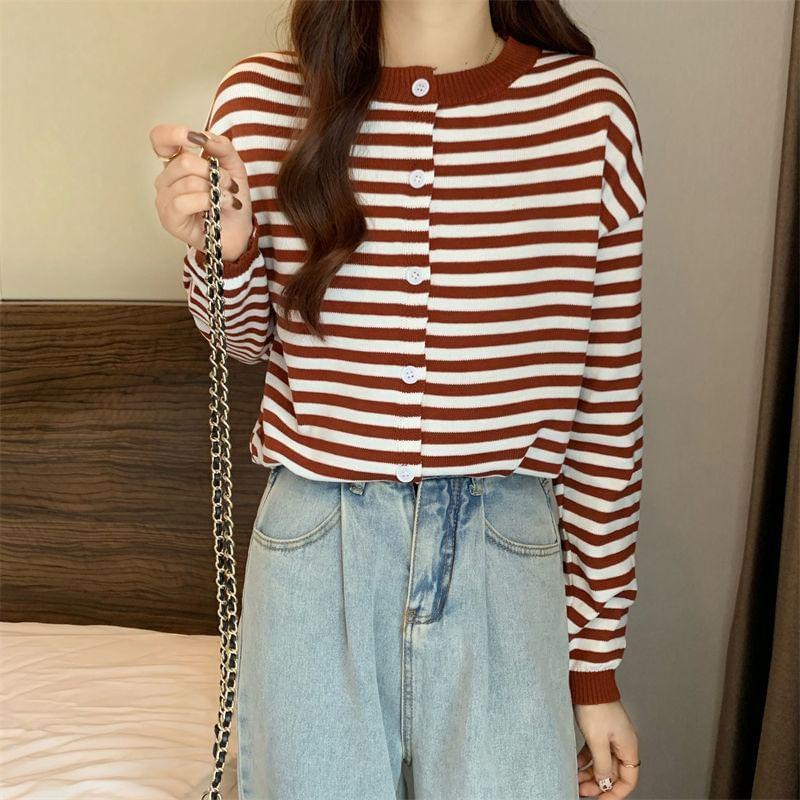 Crew Neck Striped Button Up Cardigan Product Image