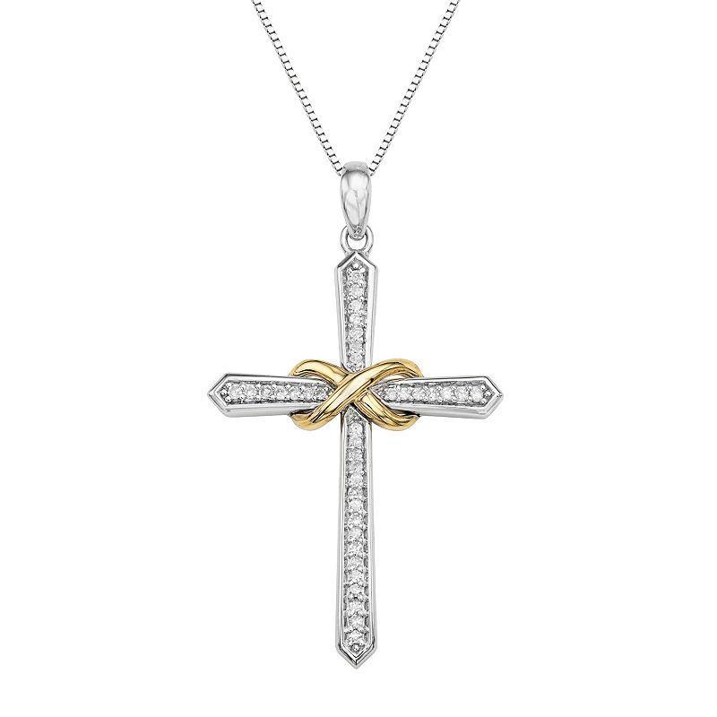 Two Tone Sterling Silver 1/8 Carat T.W. Diamond Cross Pendant Necklace, Womens White Product Image