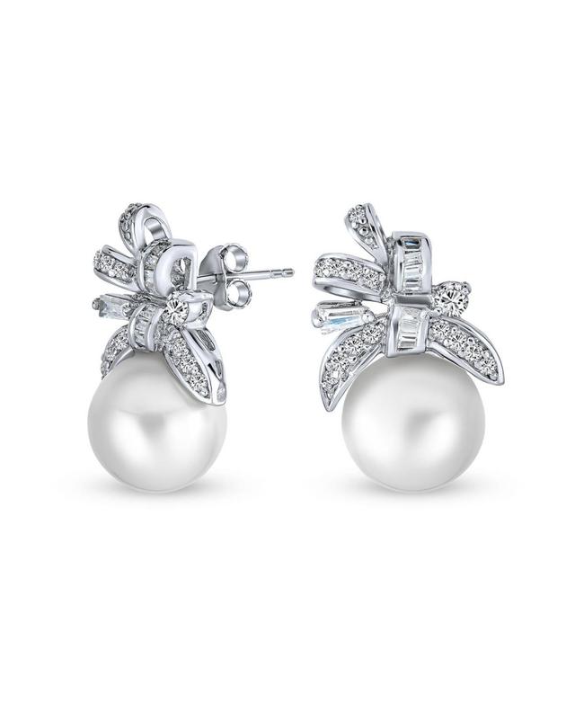 Victorian Style Cocktail Wedding Bridal Ribbon Cubic Zirconia White Simulated Pearl Cz Pave Bow Stud Earrings For Women .925 Sterling Silver Product Image