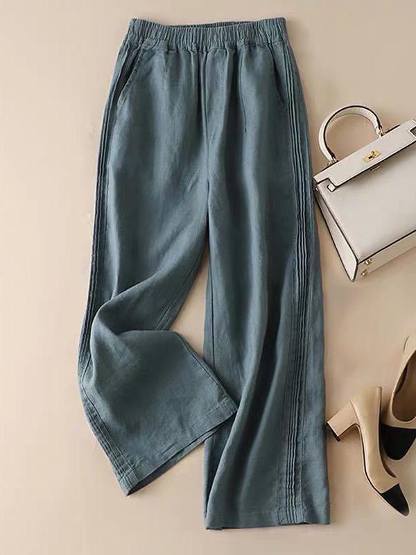 Ruffle Ramie Cotton Elasticity Loose Casual Wide-Leg Pants Product Image