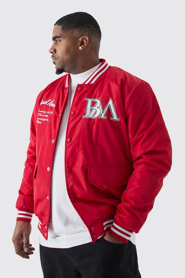 Mens Red Plus Nylon Varsity Jacket With Badges, Red Product Image