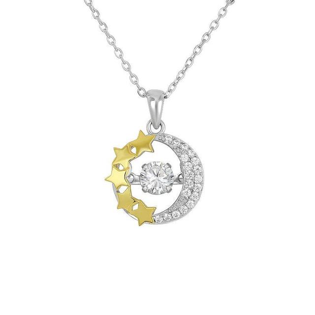 Two-Tone Sterling Silver Cubic Zirconia Moon & Star Pendant Necklace, Womens Product Image