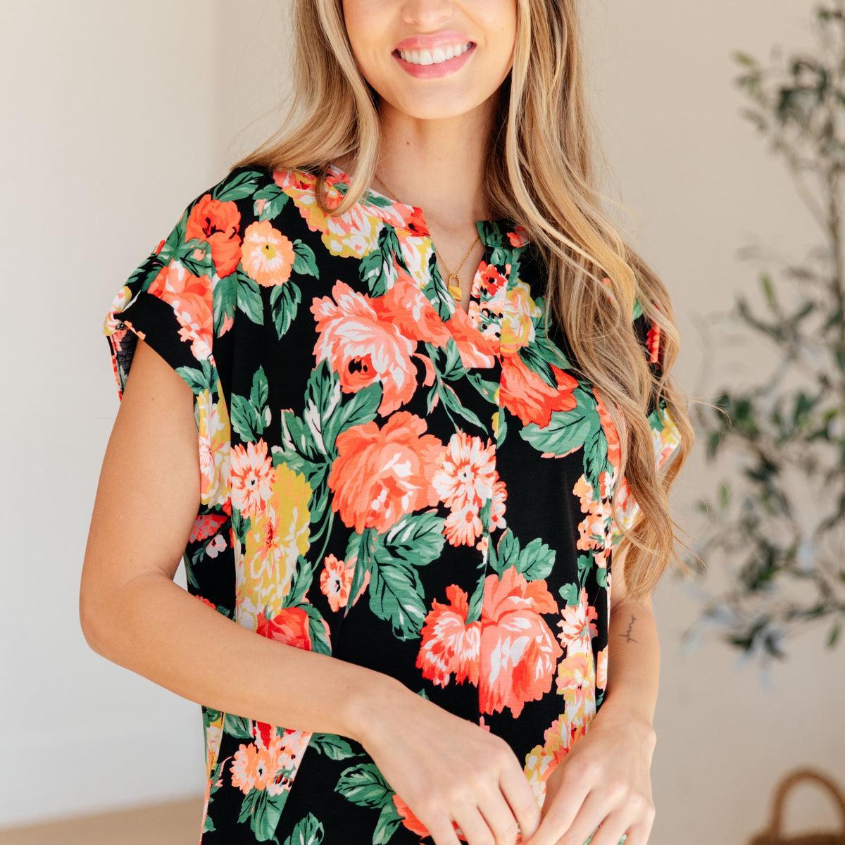 Lizzy Cap Sleeve Top in Black Garden Floral Product Image