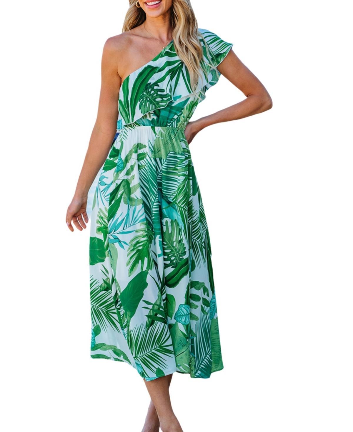 Cupshe Womens Tropical One-Shoulder Ruffle Maxi Beach Dress Product Image