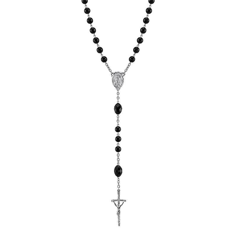 Symbols of Faith Bead Papal Crucifix Rosary Necklace, Womens Black Product Image