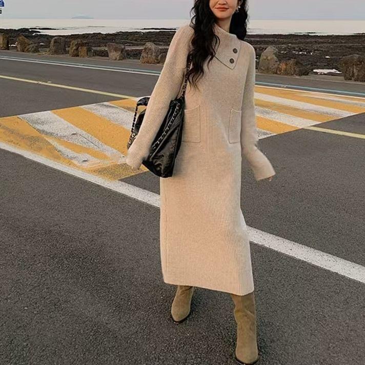 Long-Sleeve High Neck Plain Ribbed Midi Knit Dress Product Image