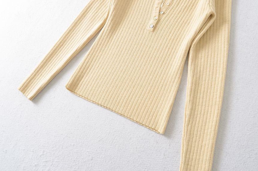 Long-Sleeve Plain Ribbed Henley Knit Top Product Image