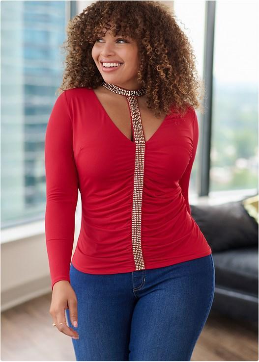 Embellished Trim Ruched Top Product Image