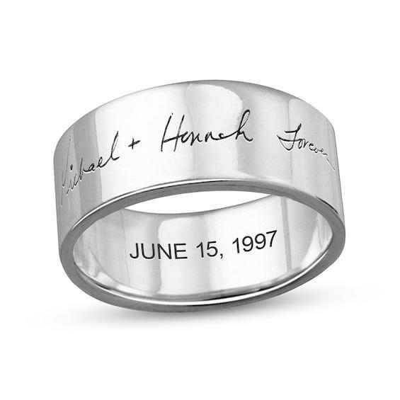 Men's 8.0mm Engravable Your Own Handwriting Ring in Sterling Silver (1 Image and 1 Line) Product Image