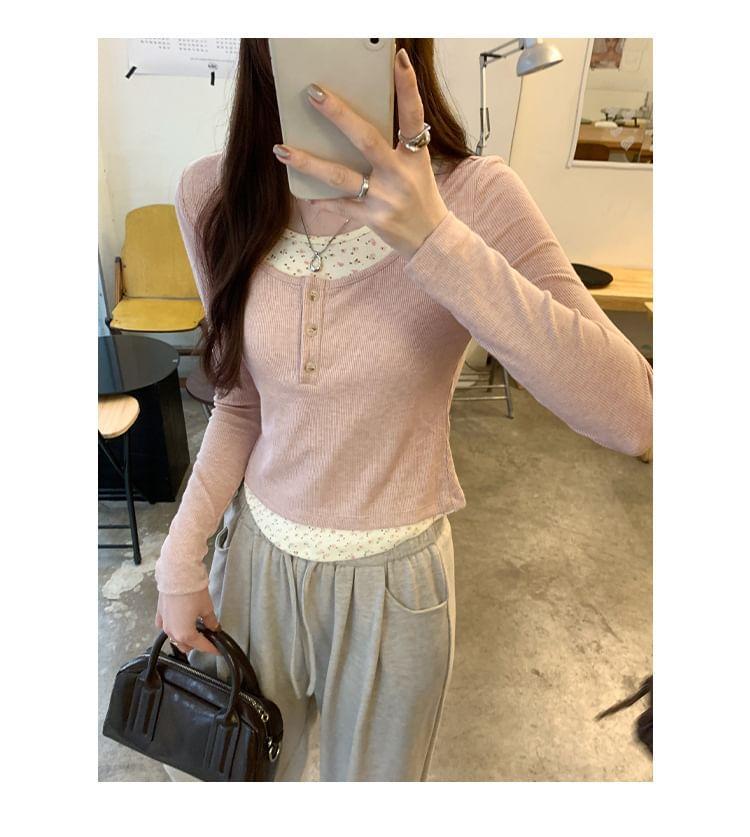 Long Sleeve Mock Two Piece Floral Print Color-Block Slim-Fit Crop Top Product Image