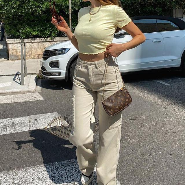 High Waist Pocket Straight-Fit Wide-Leg Cargo Pants Product Image