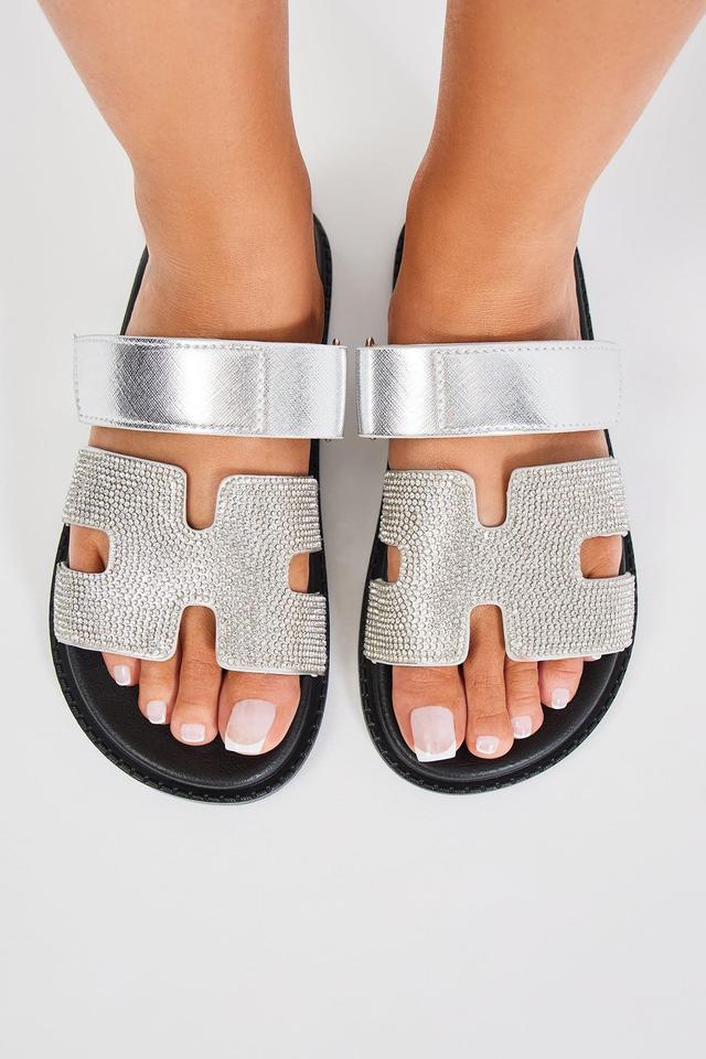 Slayin' In Embellished Casual Slides - Silver Product Image