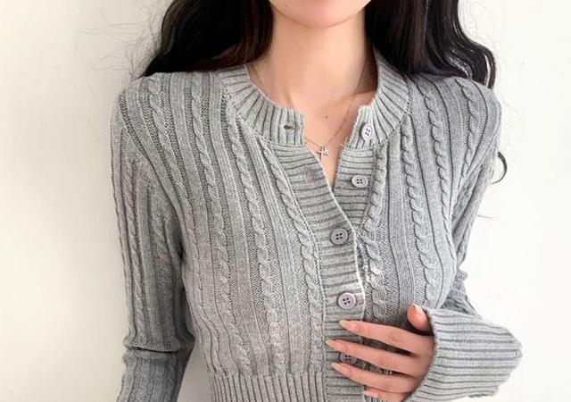 Plain Cable-Knit Cropped Cardigan Product Image