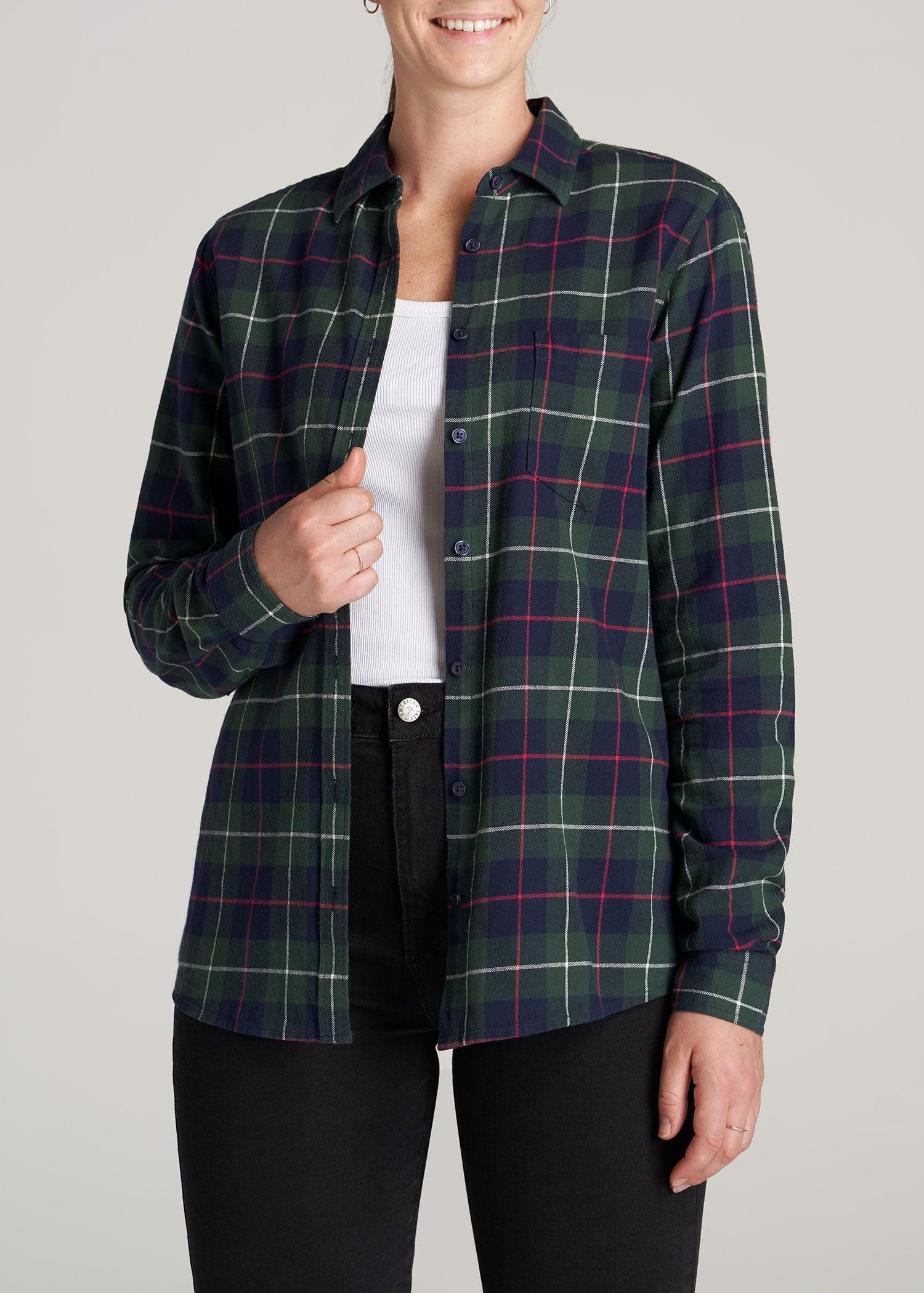 Flannel Button-Up Shirt for Tall Women in Green & Blue Plaid Product Image