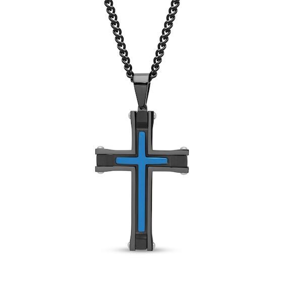 Men's Inlay Cross Pendant in Stainless Steel with Black and Blue Ion Plate - 24" Product Image