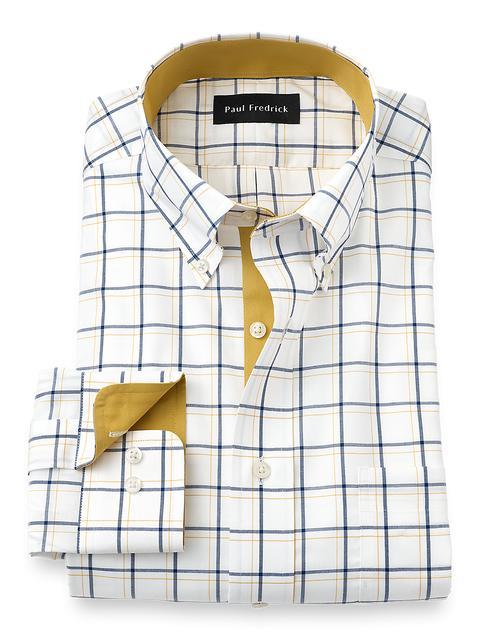 Non-Iron Cotton Windowpane Dress Shirt With Contrast Trim - Navy/gold Product Image