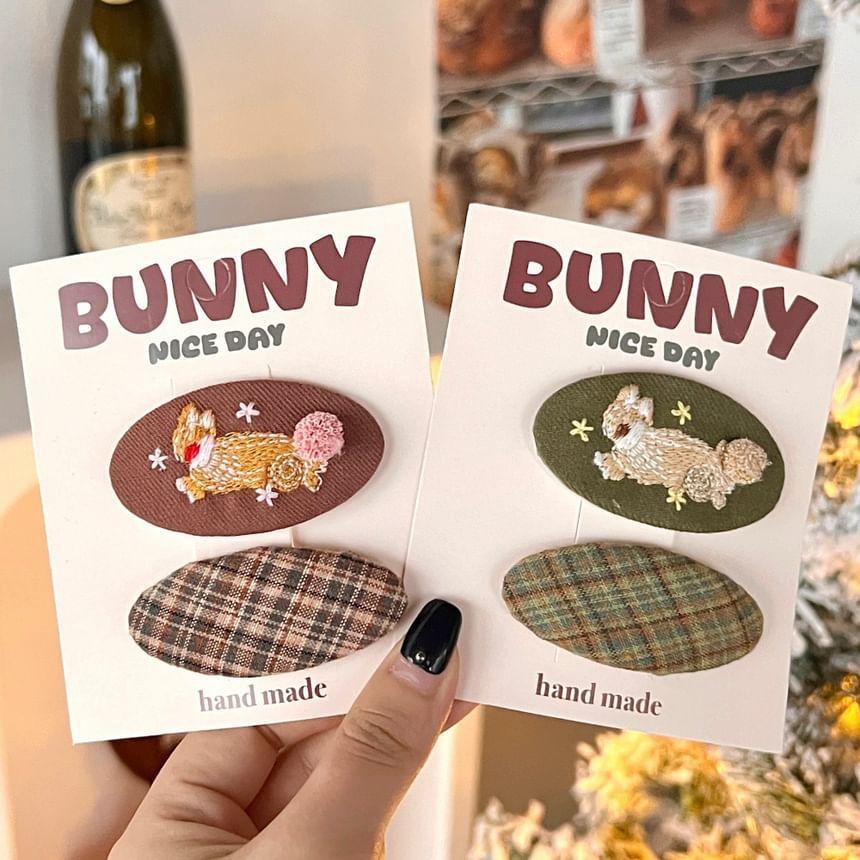 Set: Rabbit Embroidered Hair Clip + Plaid Hair Clip Product Image