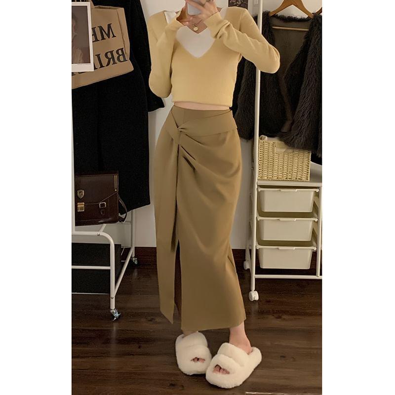 High Waist Plain Ruched Slit Midi Pencil Skirt Product Image