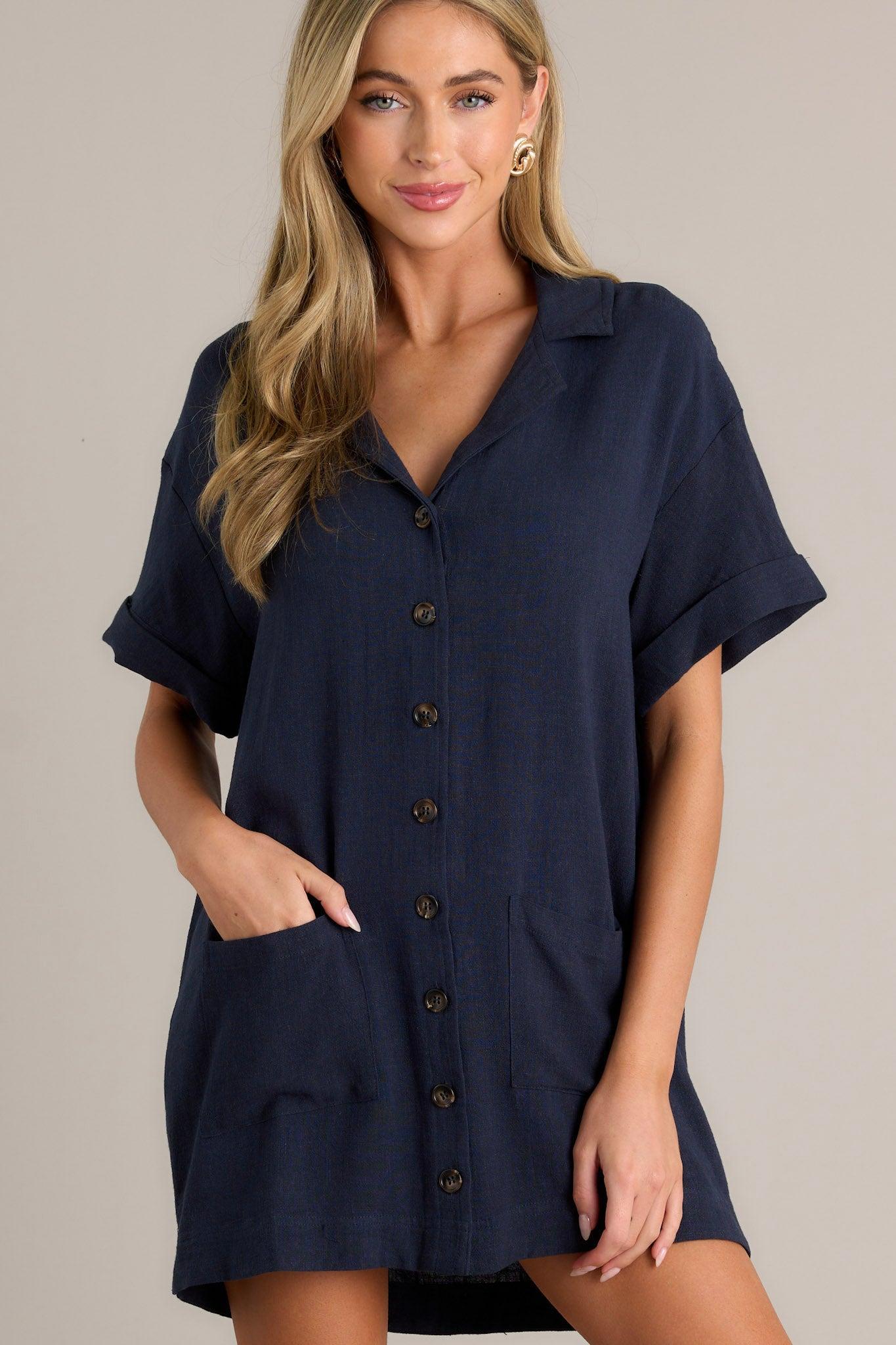 Effortless Selection Navy Button Front Mini Shirt Dress Product Image