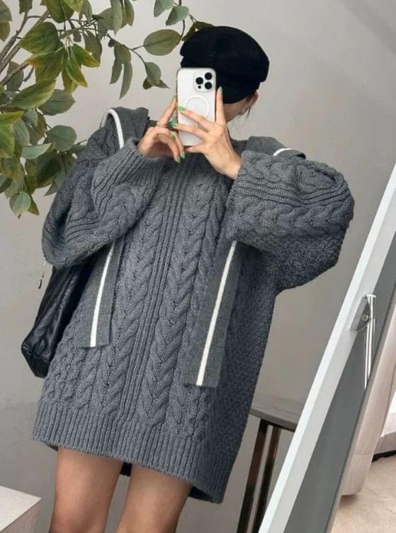 Long Sleeve Plain Cable-Knit Loose-Fit Sweater Product Image