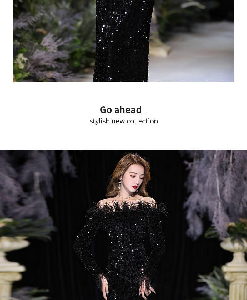 Long-Sleeve Off Shoulder Plain Sequin Feather Trim Sheath Evening Dress Product Image